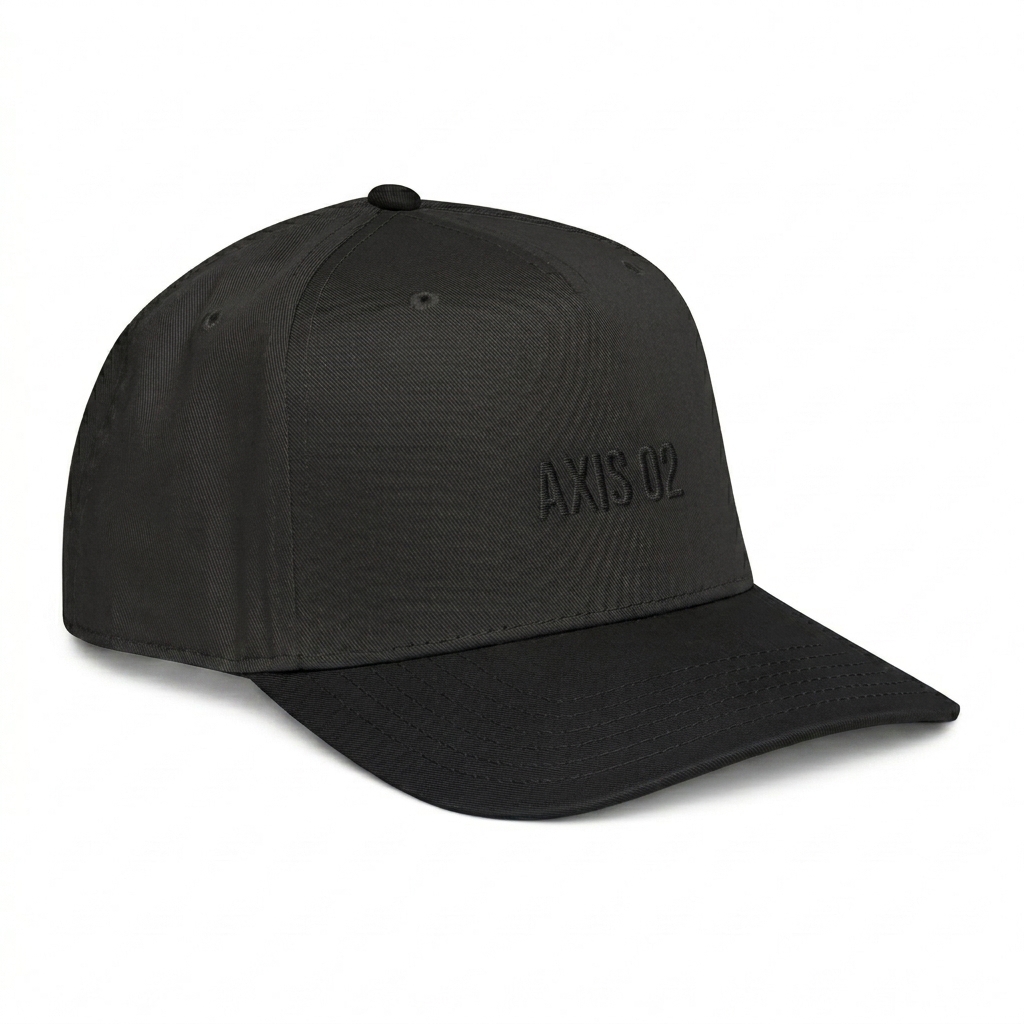 Custom 5-Panel Mid-Profile Baseball Cap design direction 1: Tonal Minimalist Wordmark featuring the AXIS 02 wordmark