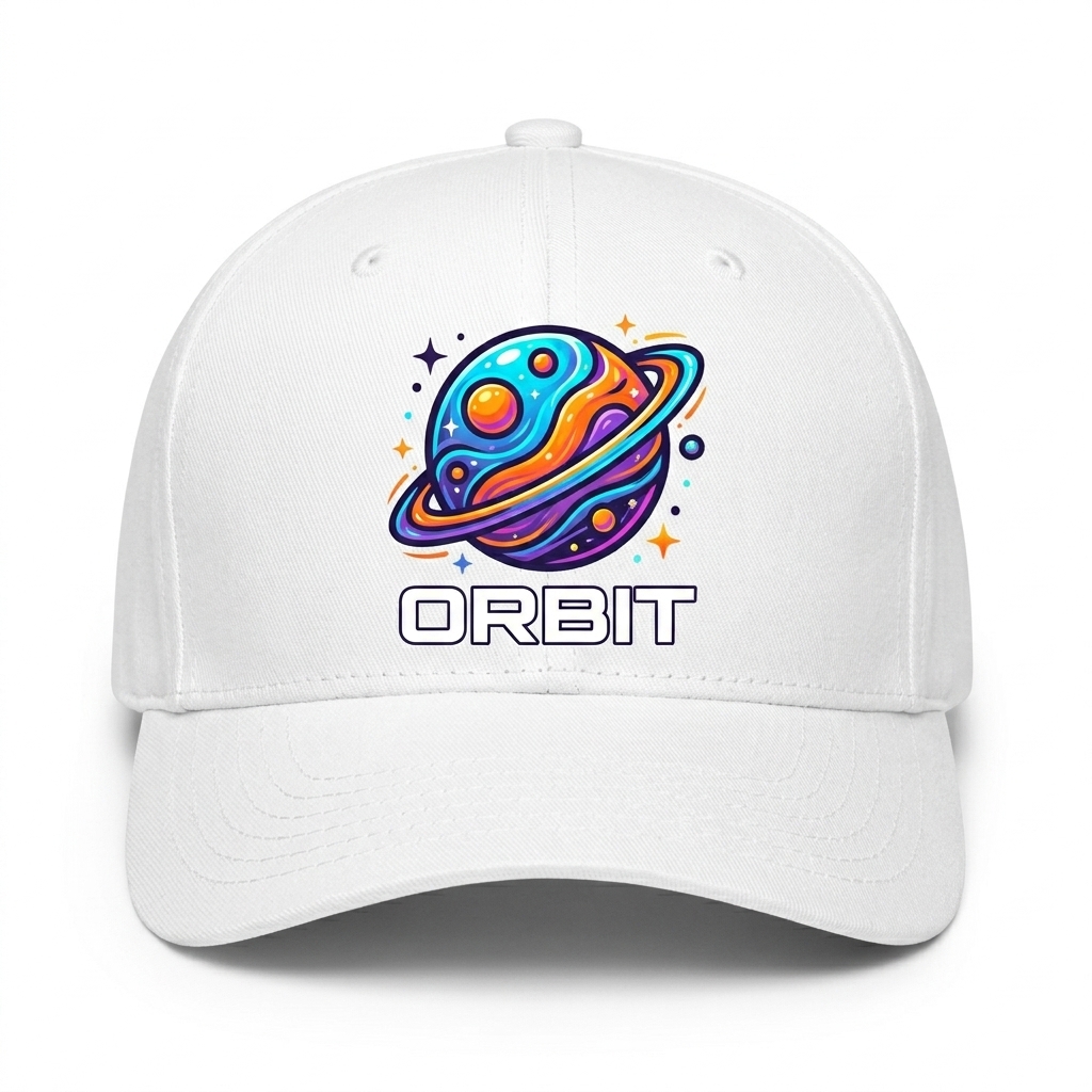 Custom 5-Panel Mid-Profile Baseball Cap design direction 2: Bold Graphic Illustration featuring the ORBIT wordmark