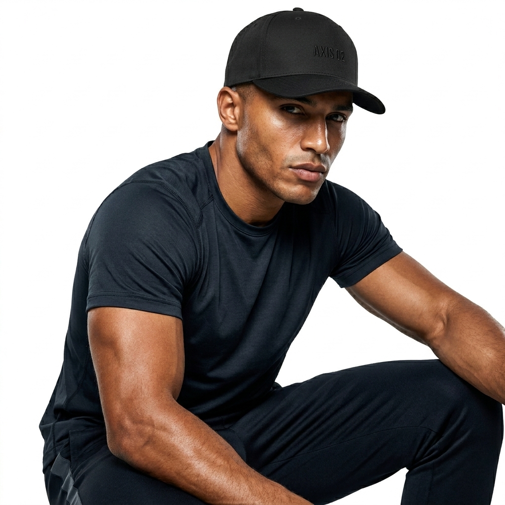 5-Panel Mid-Profile Baseball Cap worn by a athletic muscular North African male fashion influencer, workwear utility styling, studio lookbook — custom 5-panel mid-profile baseball cap