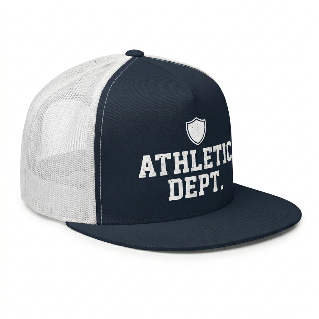 Custom Custom 5-Panel Trucker Cap design direction 2: Retro Collegiate Emblem featuring the ATHLETIC DEPT. wordmark