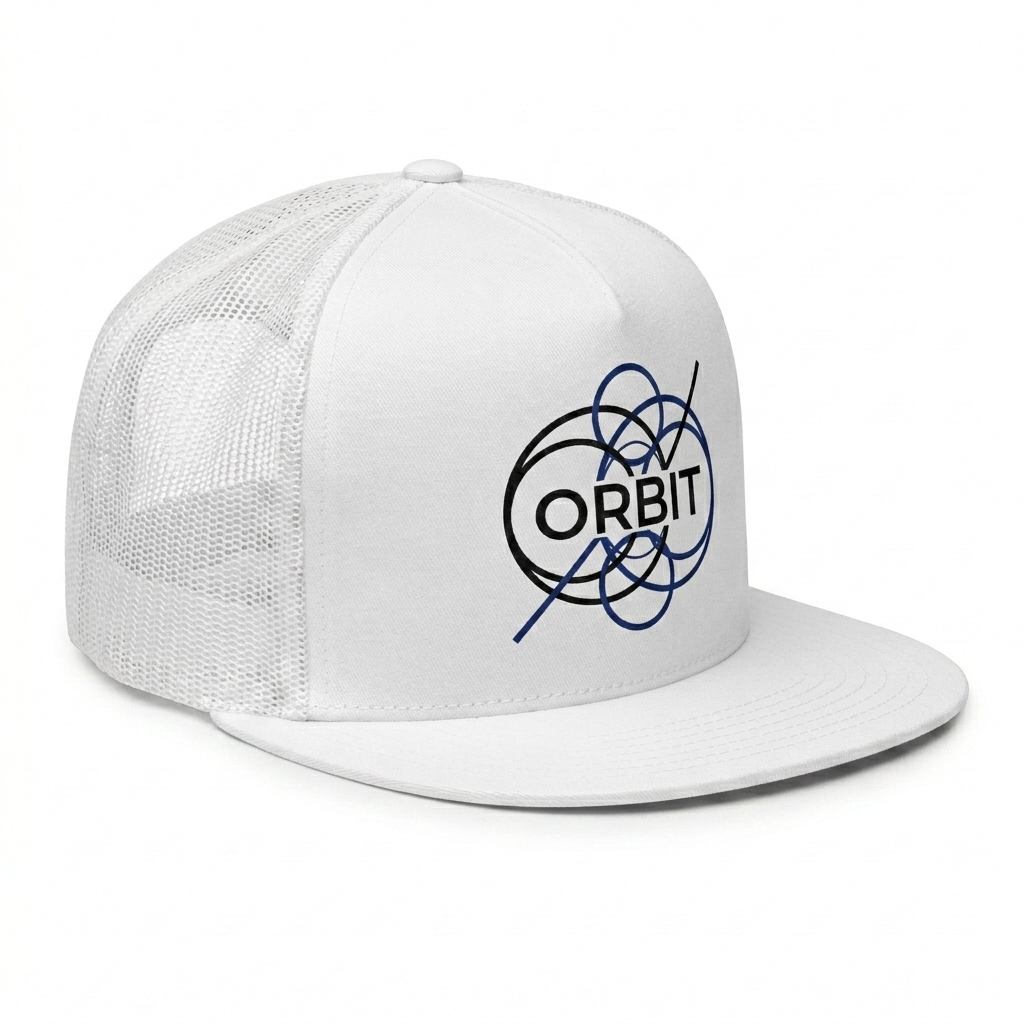 Custom Custom 5-Panel Trucker Cap design direction 3: Abstract Geometric Graphic featuring the ORBIT wordmark