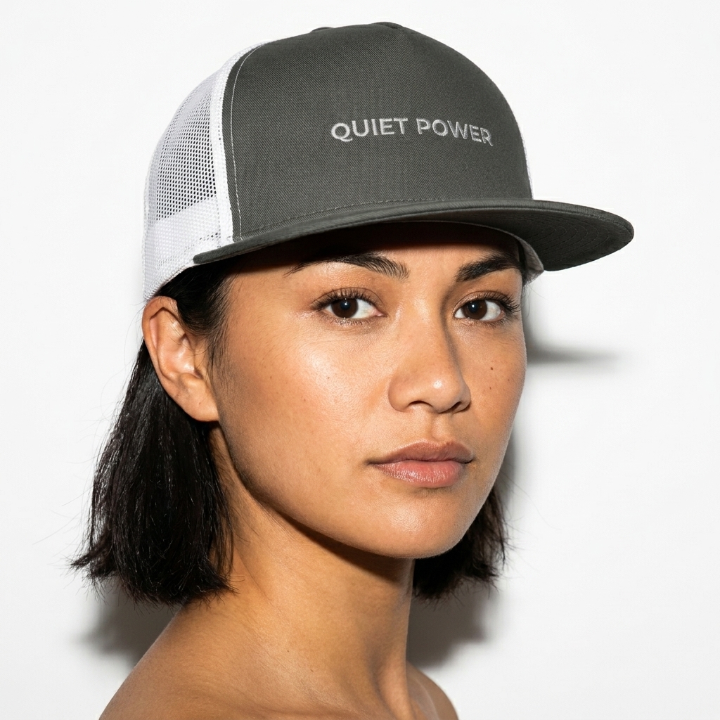 Custom 5-Panel Trucker Cap worn by a petite Māori female fashion influencer, workwear utility styling, studio lookbook — custom custom 5-panel trucker cap
