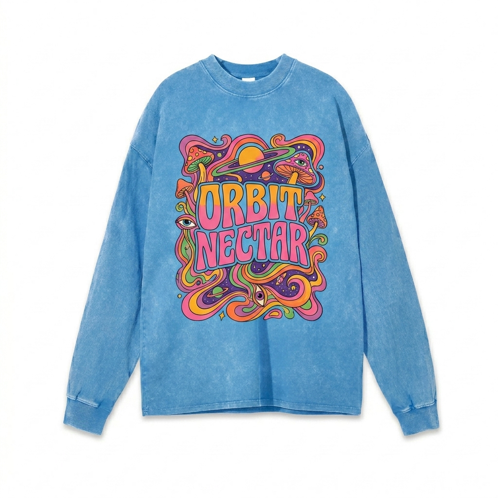 Custom Acid Wash Oversized Long Sleeve T-Shirt design direction 2: Retro Graphic Illustration featuring the ORBIT NECTAR wordmark