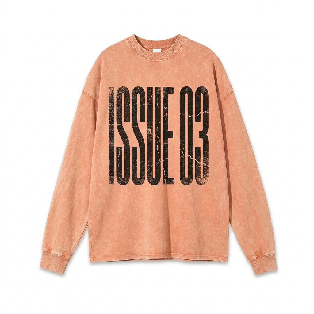 Custom Acid Wash Oversized Long Sleeve T-Shirt design direction 3: Experimental Typography featuring the ISSUE 03 wordmark
