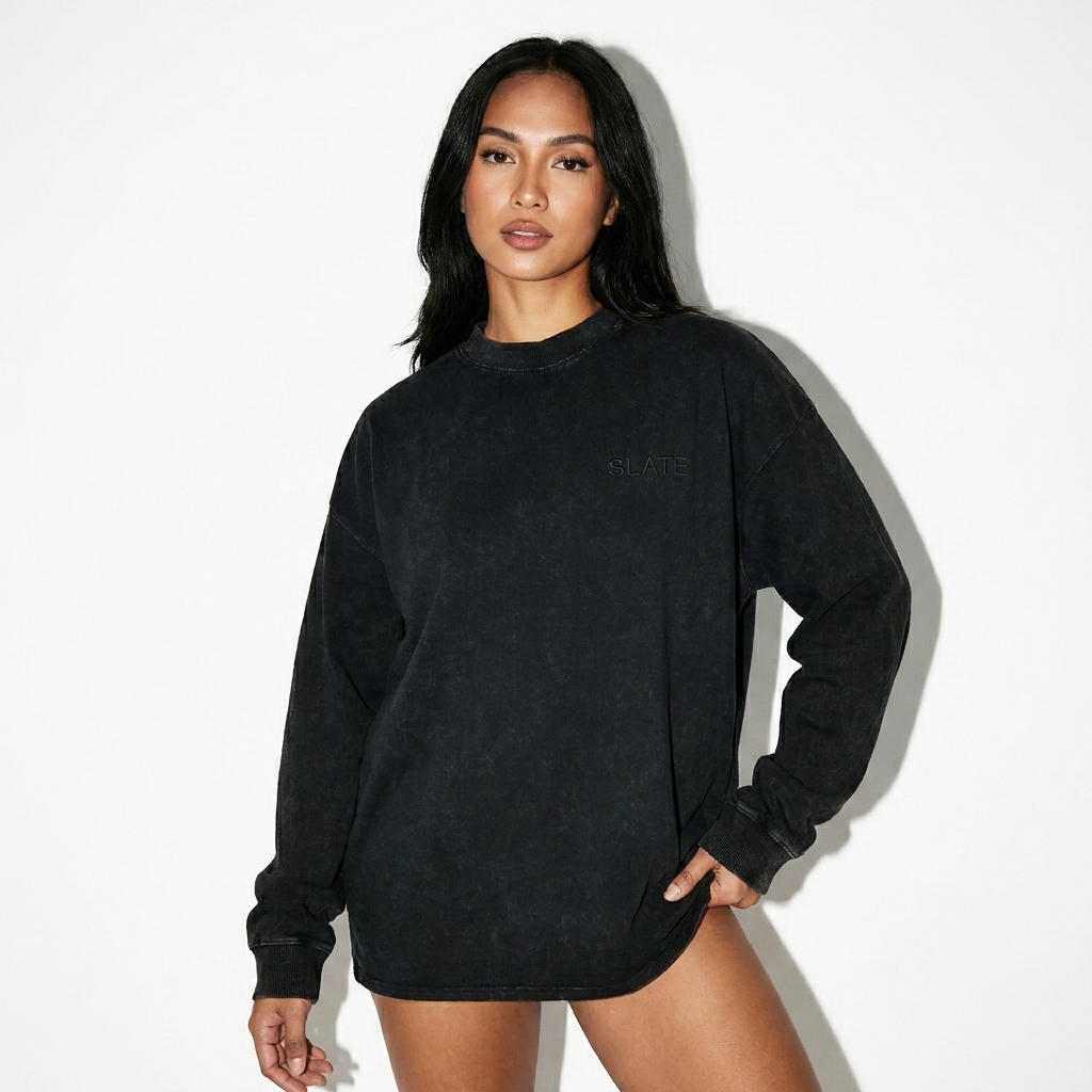Acid Wash Oversized Long Sleeve T-Shirt worn by a toned Filipino female fashion influencer, clean-girl minimal styling, studio lookbook — custom acid wash oversized long sleeve t-shirt