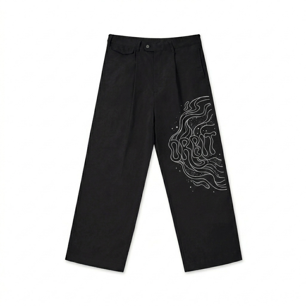 Custom Adjustable Waist Straight-Leg Pants design direction 2: Abstract Flow featuring the ORBIT wordmark