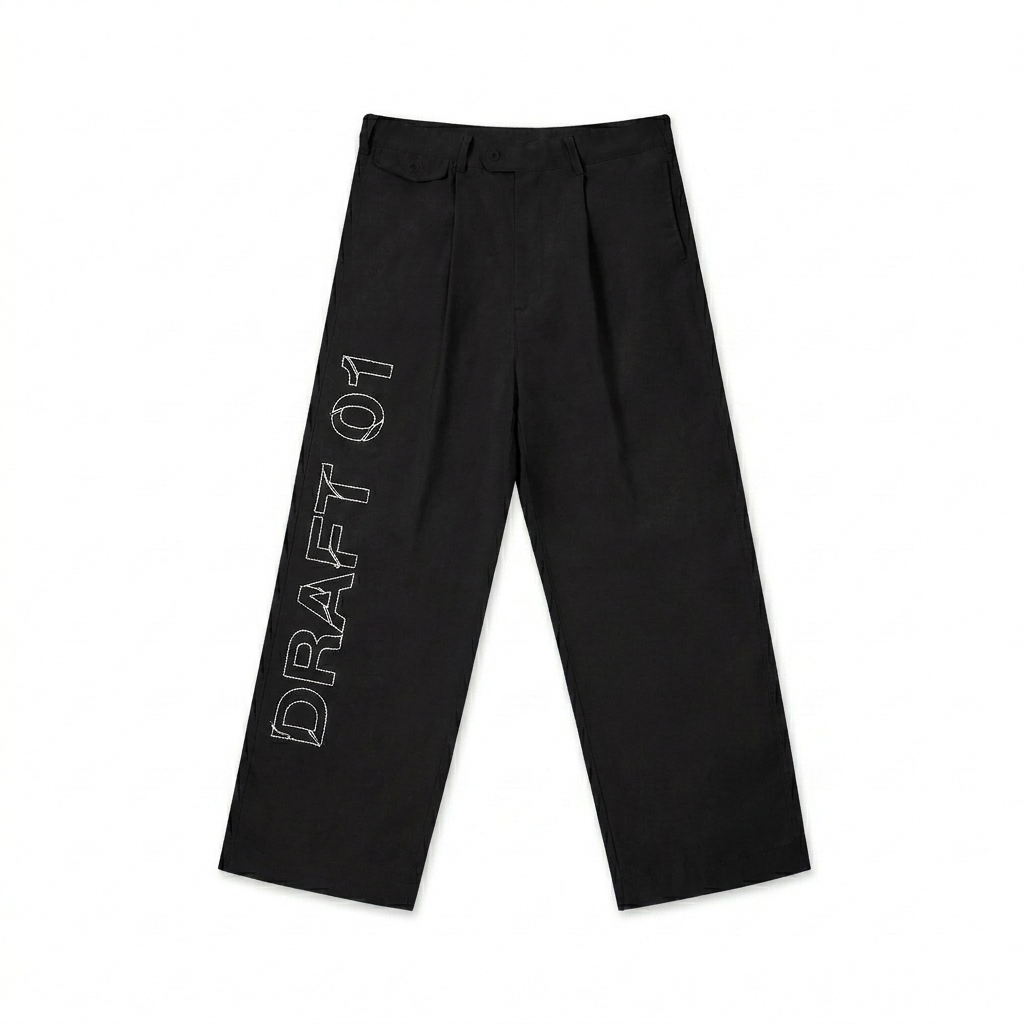 Custom Adjustable Waist Straight-Leg Pants design direction 3: Deconstructed Text featuring the DRAFT 01 wordmark