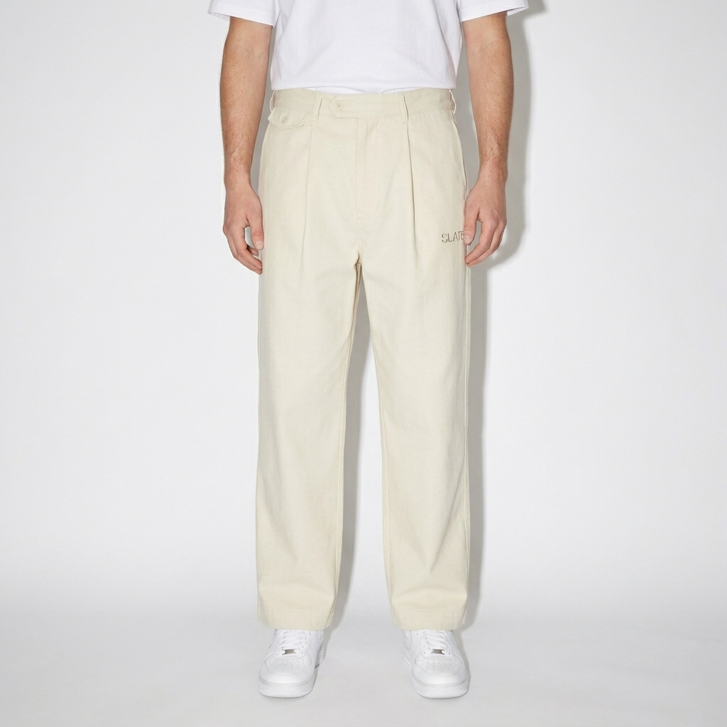 Adjustable Waist Straight-Leg Pants worn by a mid-size White European male fashion influencer, preppy ivy styling, studio lookbook — custom adjustable waist straight-leg pants