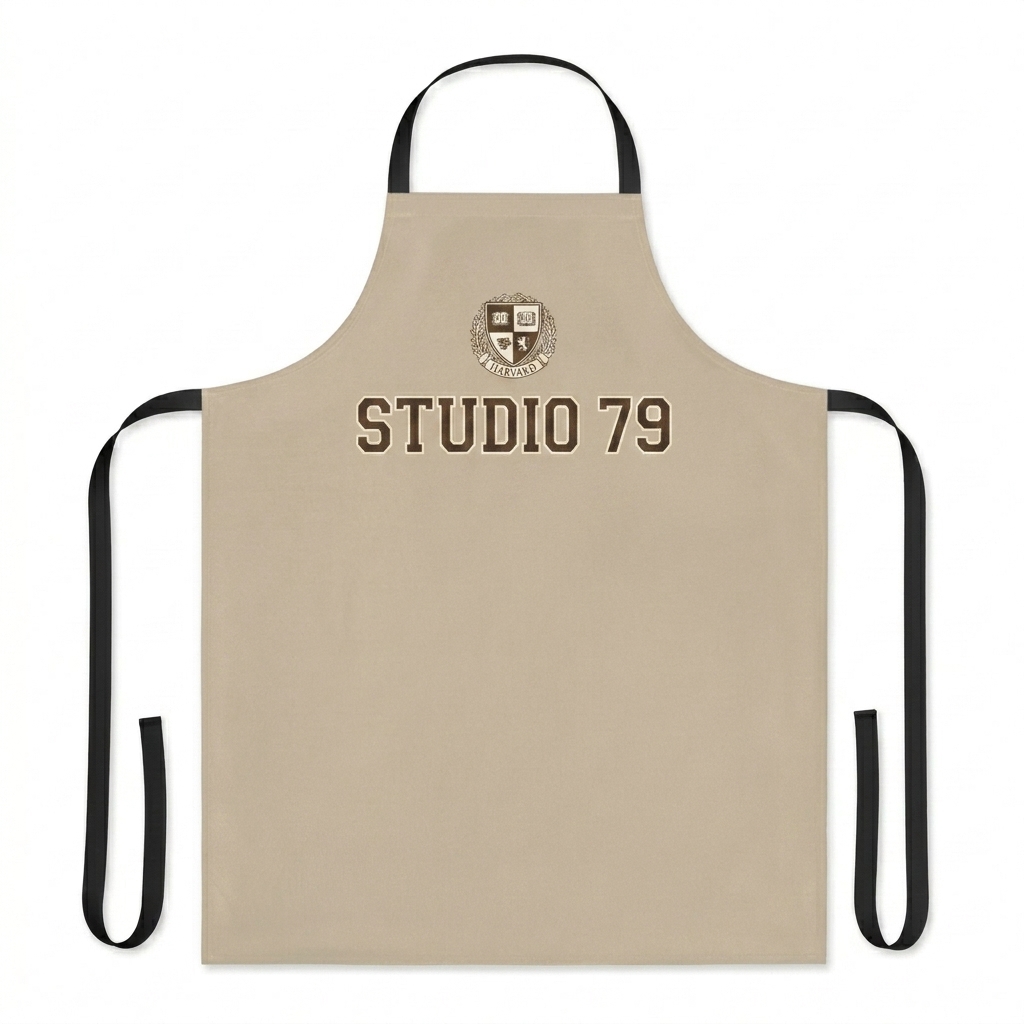Custom All-Over Print Strap Apron design direction 3: Retro Collegiate Emblem featuring the STUDIO 79 wordmark