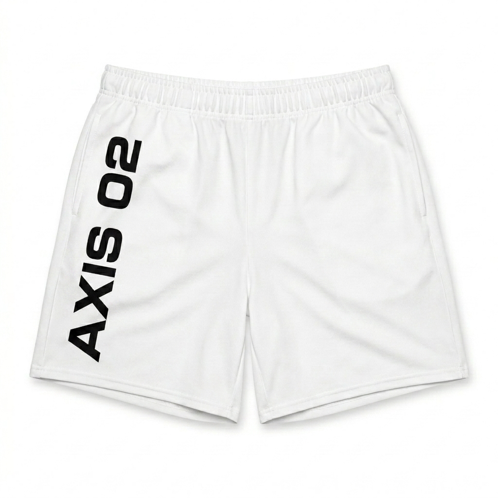 Custom All-Over Print Athletic Shorts design direction 1: Geo-Grid Flow featuring the AXIS 02 wordmark