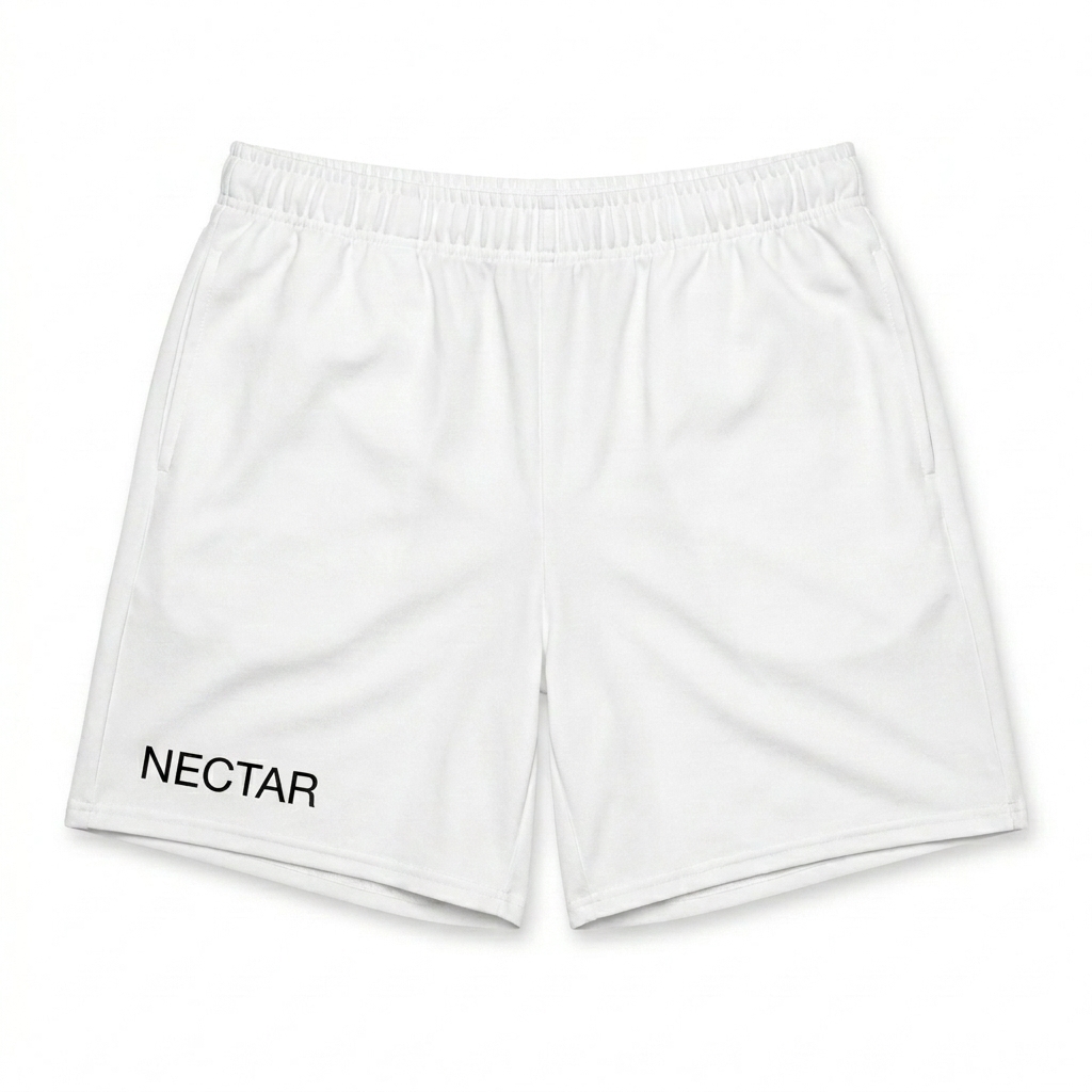 Custom All-Over Print Athletic Shorts design direction 2: Abstract Bloom featuring the NECTAR wordmark