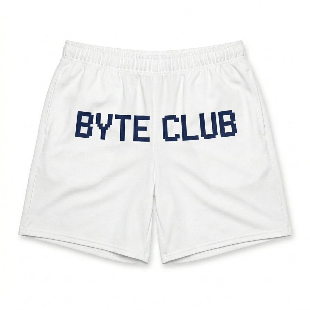 Custom All-Over Print Athletic Shorts design direction 3: Glitch Code featuring the BYTE CLUB wordmark