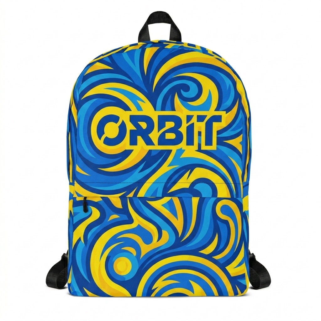 Custom All-Over Print Backpack design direction 1: Abstract Geometric Pattern featuring the ORBIT wordmark