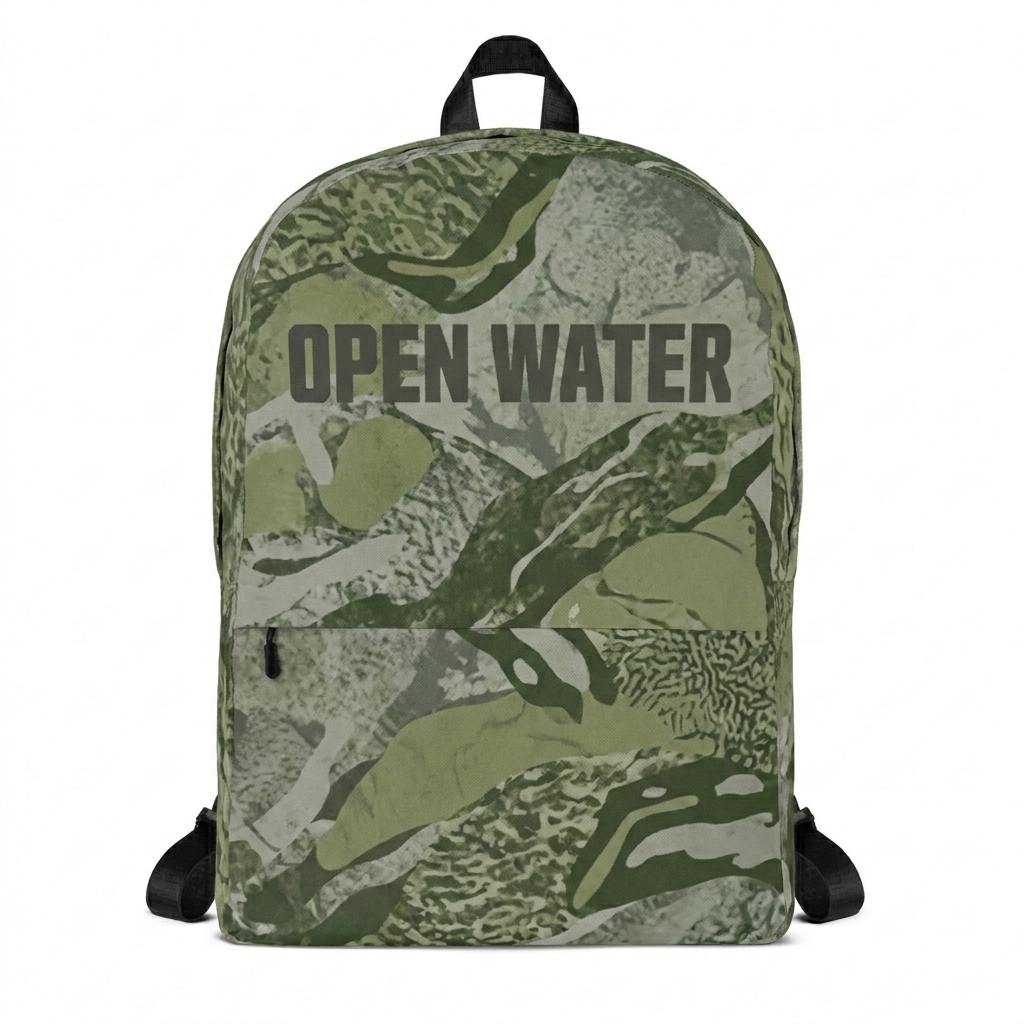 Custom All-Over Print Backpack design direction 2: Minimal Line Art Landscape featuring the OPEN WATER wordmark