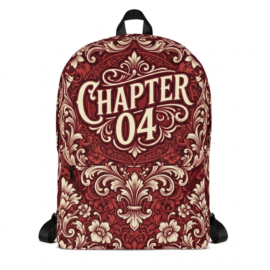 Custom All-Over Print Backpack design direction 3: Retro Collegiate Wordmark featuring the CHAPTER 04 wordmark
