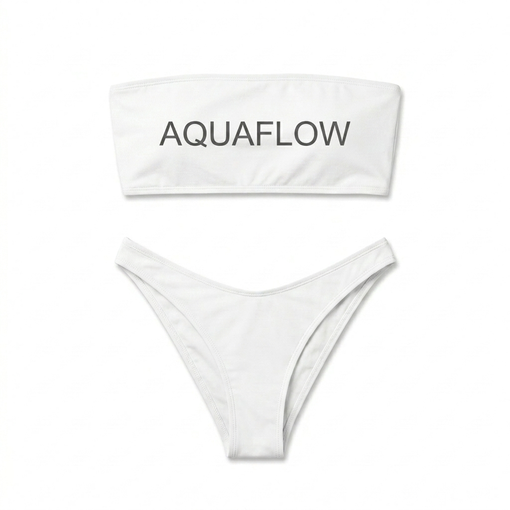 Custom All-Over Print Bandeau Bikini design direction 1: Abstract Coastal Gradient featuring the AQUAFLOW wordmark