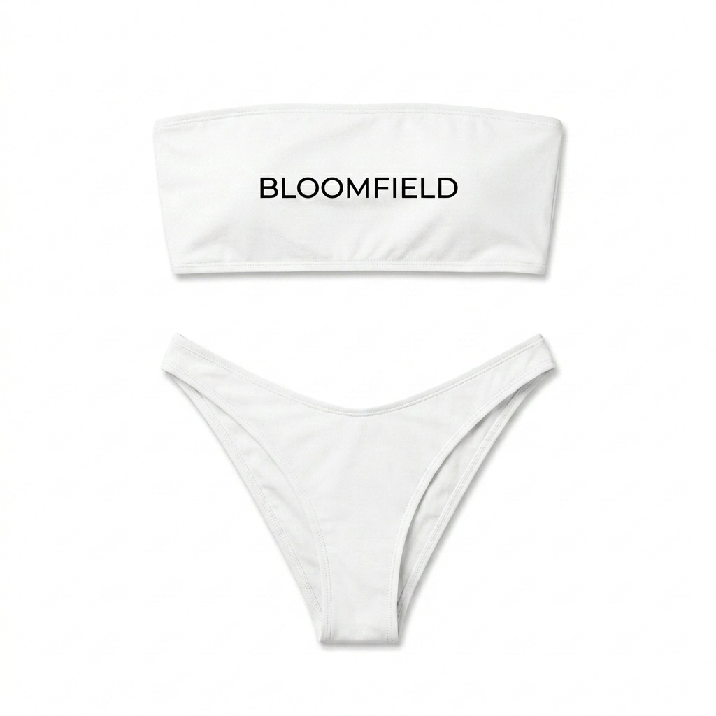 Custom All-Over Print Bandeau Bikini design direction 2: Retro Floral Pop featuring the BLOOMFIELD wordmark