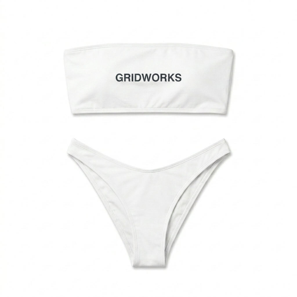 Custom All-Over Print Bandeau Bikini design direction 3: Geometric Grid Pattern featuring the GRIDWORKS wordmark
