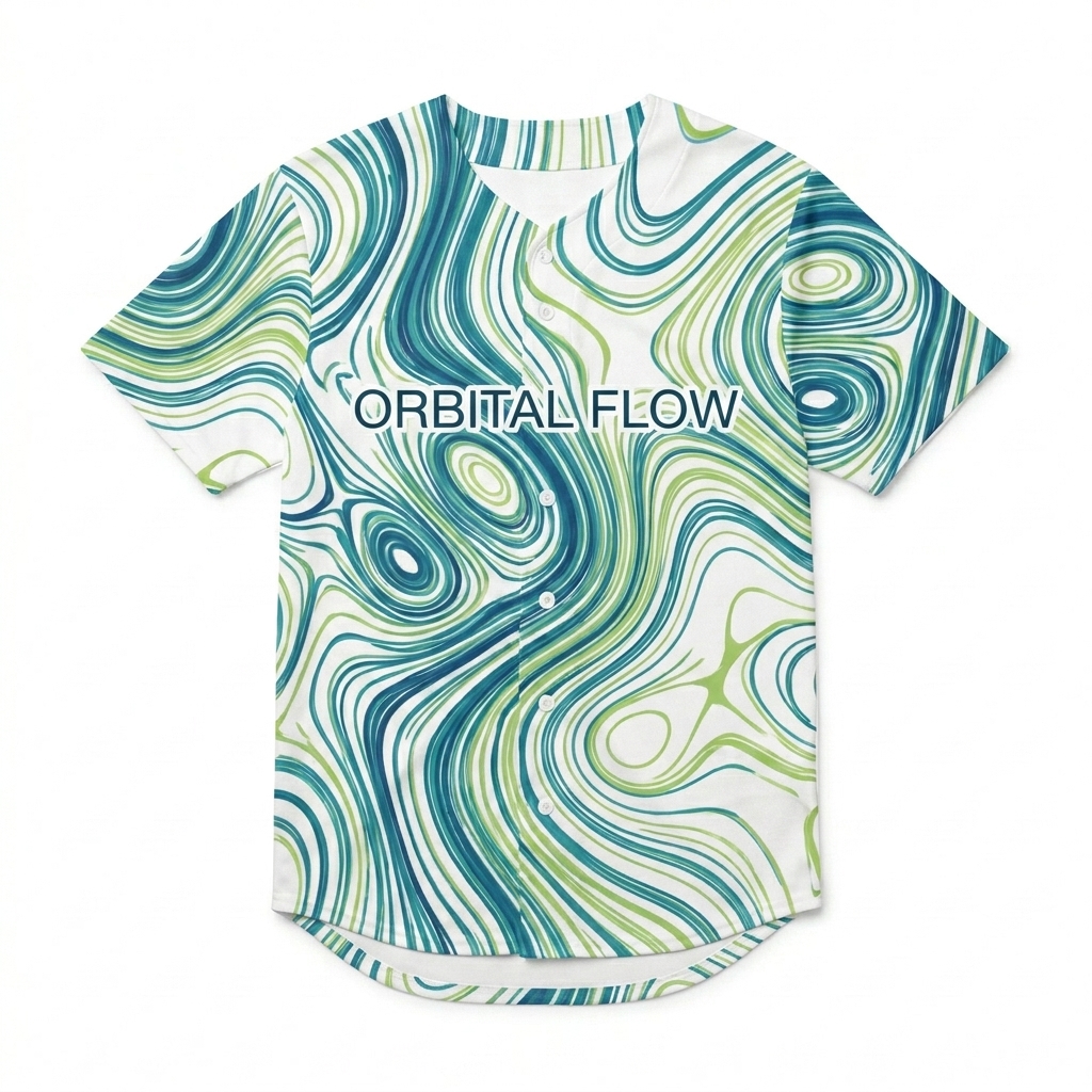 Custom All-Over Print Baseball Jersey design direction 1: Abstract Digital Flow featuring the ORBITAL FLOW wordmark