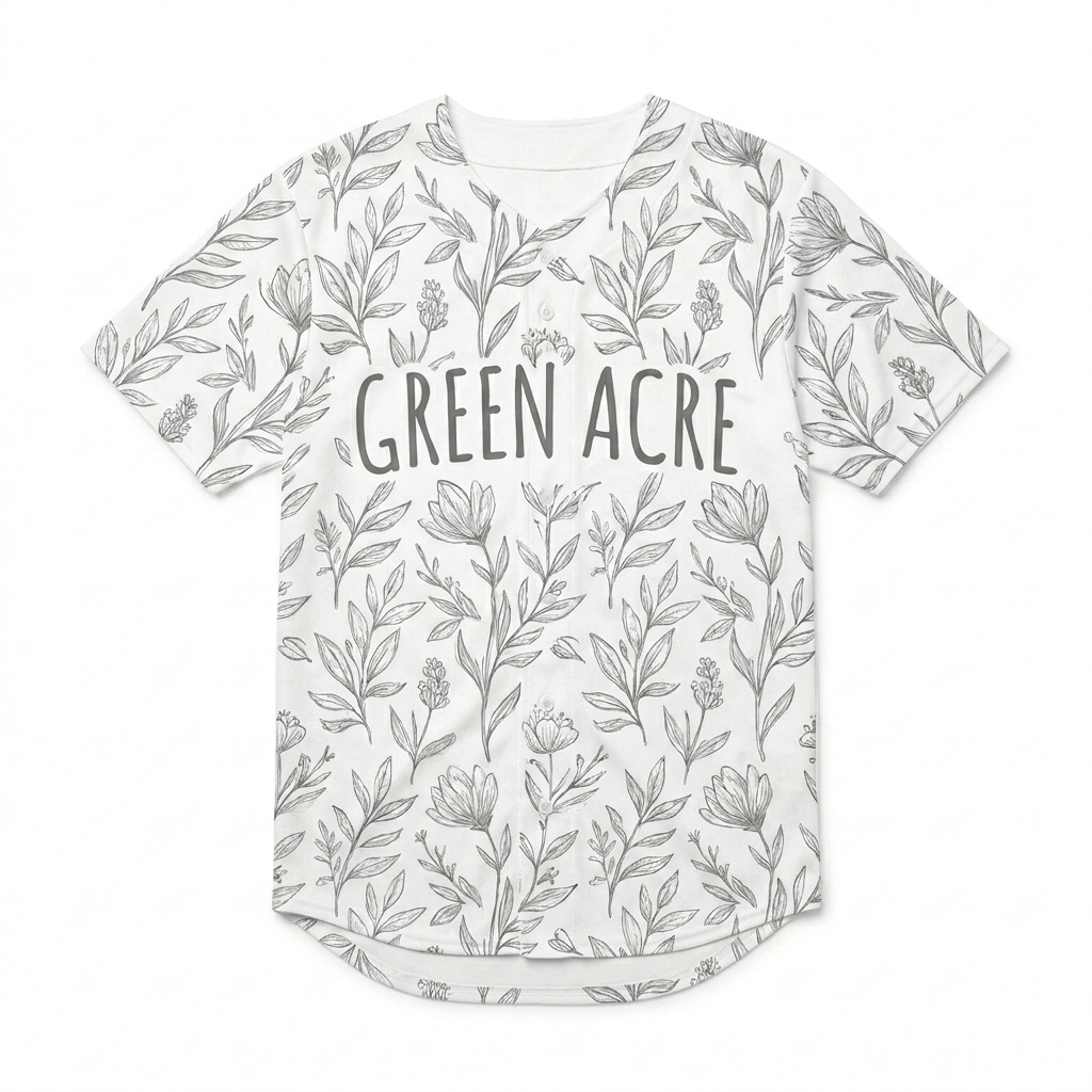 Custom All-Over Print Baseball Jersey design direction 2: Botanical Sketch Repeat featuring the GREEN ACRE wordmark