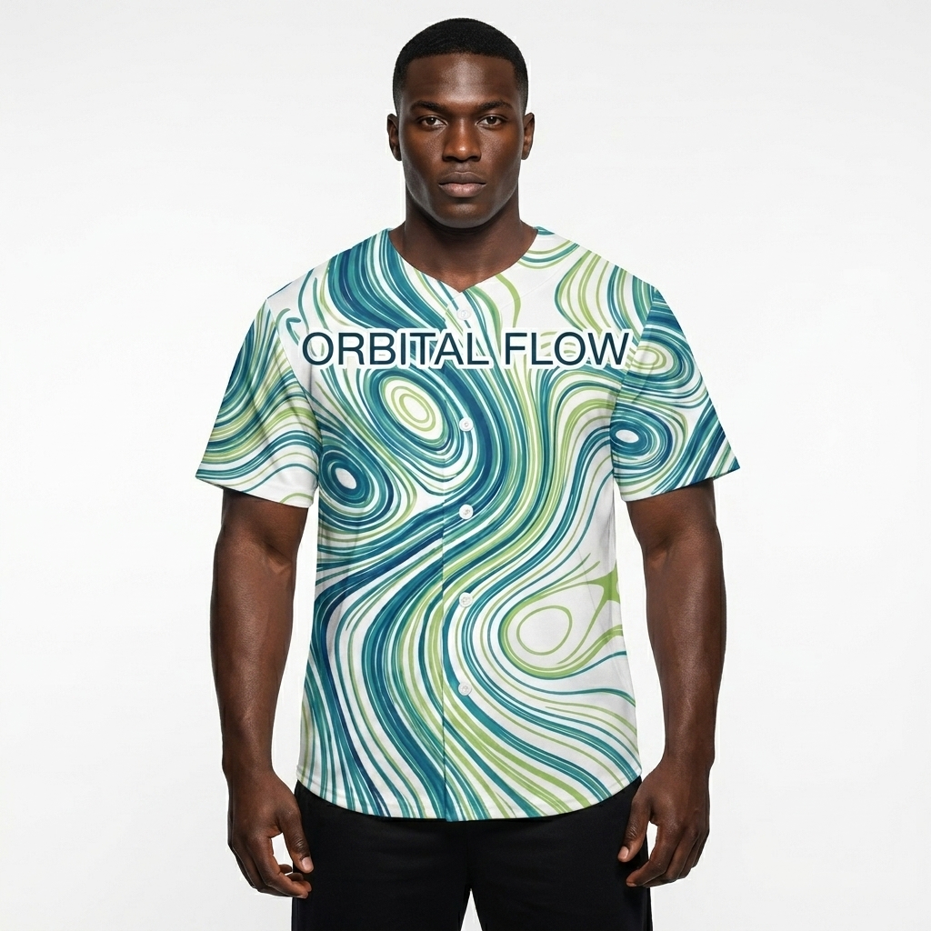 All-Over Print Baseball Jersey worn by a broad-shouldered East African male fashion influencer, minimalist luxury styling, studio lookbook — custom all-over print baseball jersey