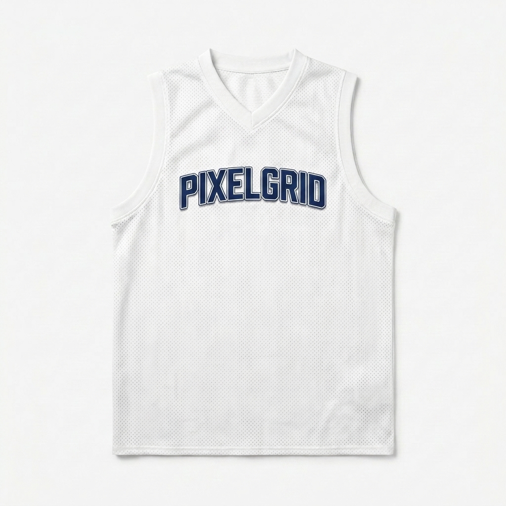 Custom All-Over Print Basketball Jersey design direction 1: Digital Glitch Pattern featuring the PIXELGRID wordmark