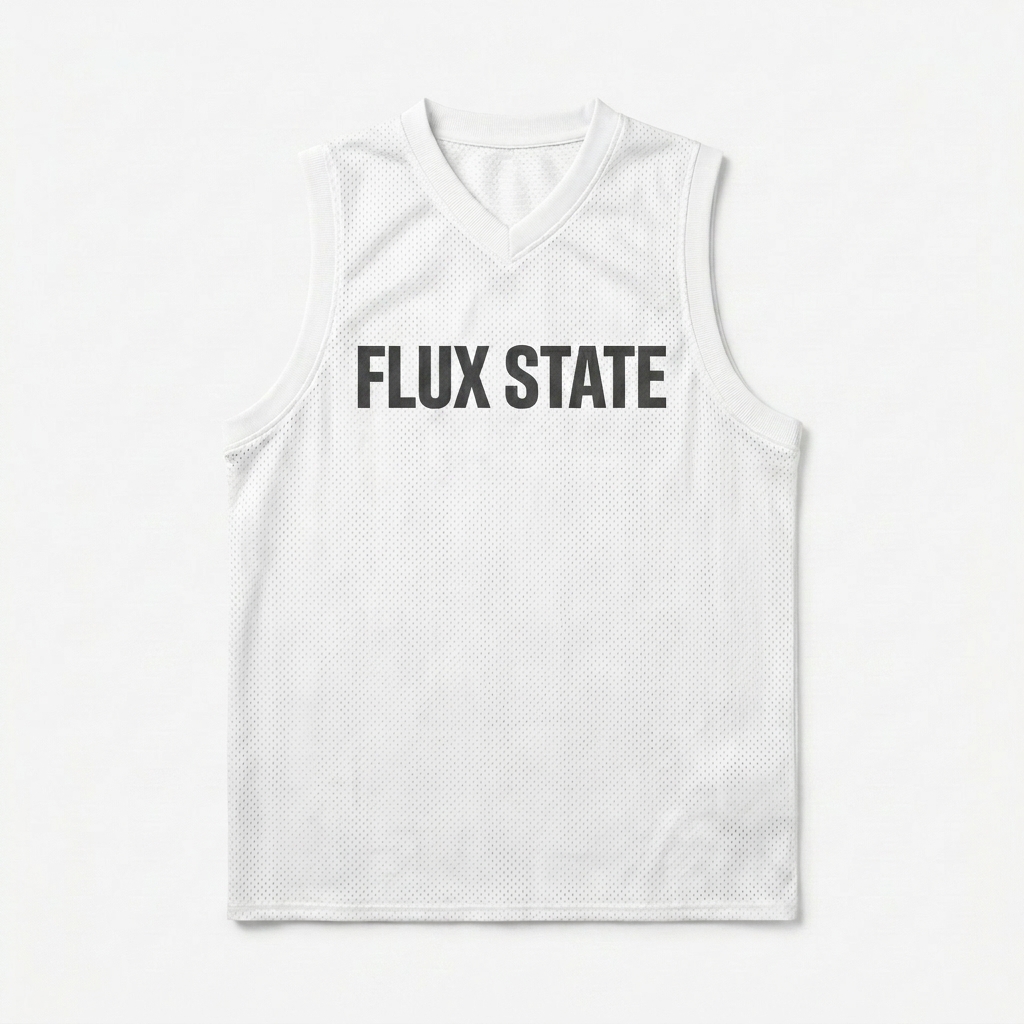 Custom All-Over Print Basketball Jersey design direction 2: Abstract Geometric Flow featuring the FLUX STATE wordmark