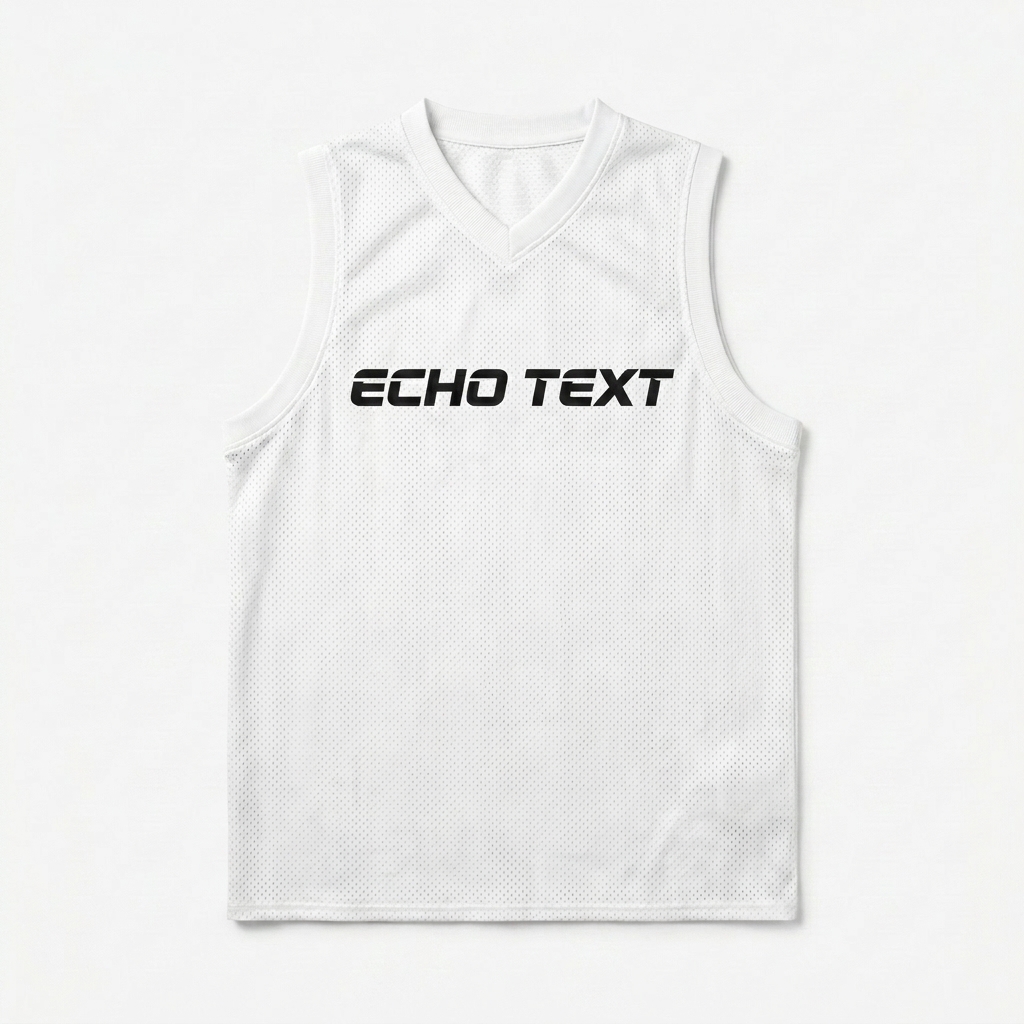 Custom All-Over Print Basketball Jersey design direction 3: Repeating Wordmark Grid featuring the ECHO TEXT wordmark