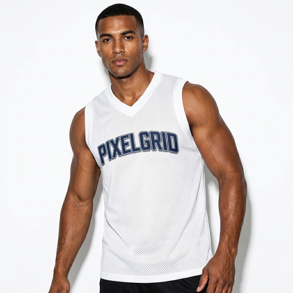 All-Over Print Basketball Jersey worn by a athletic muscular North African male fashion influencer, techwear modern styling, studio lookbook — custom all-over print basketball jersey