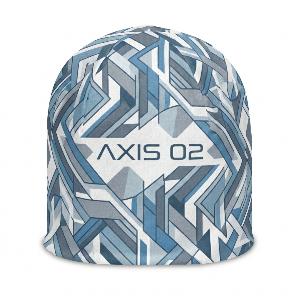 Custom All-Over Print Beanie design direction 1: Abstract Geometric Pattern featuring the AXIS 02 wordmark