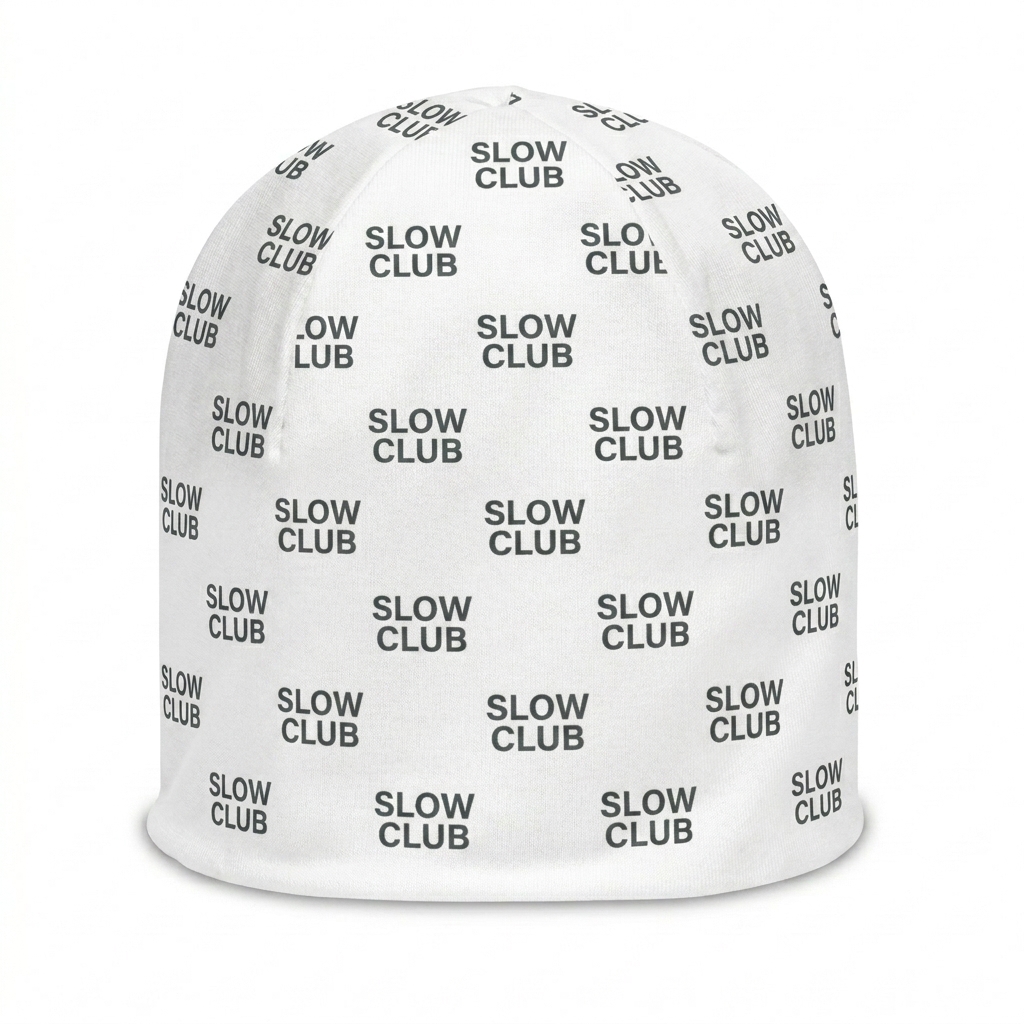 Custom All-Over Print Beanie design direction 2: Minimalist Wordmark Repeat featuring the SLOW CLUB wordmark