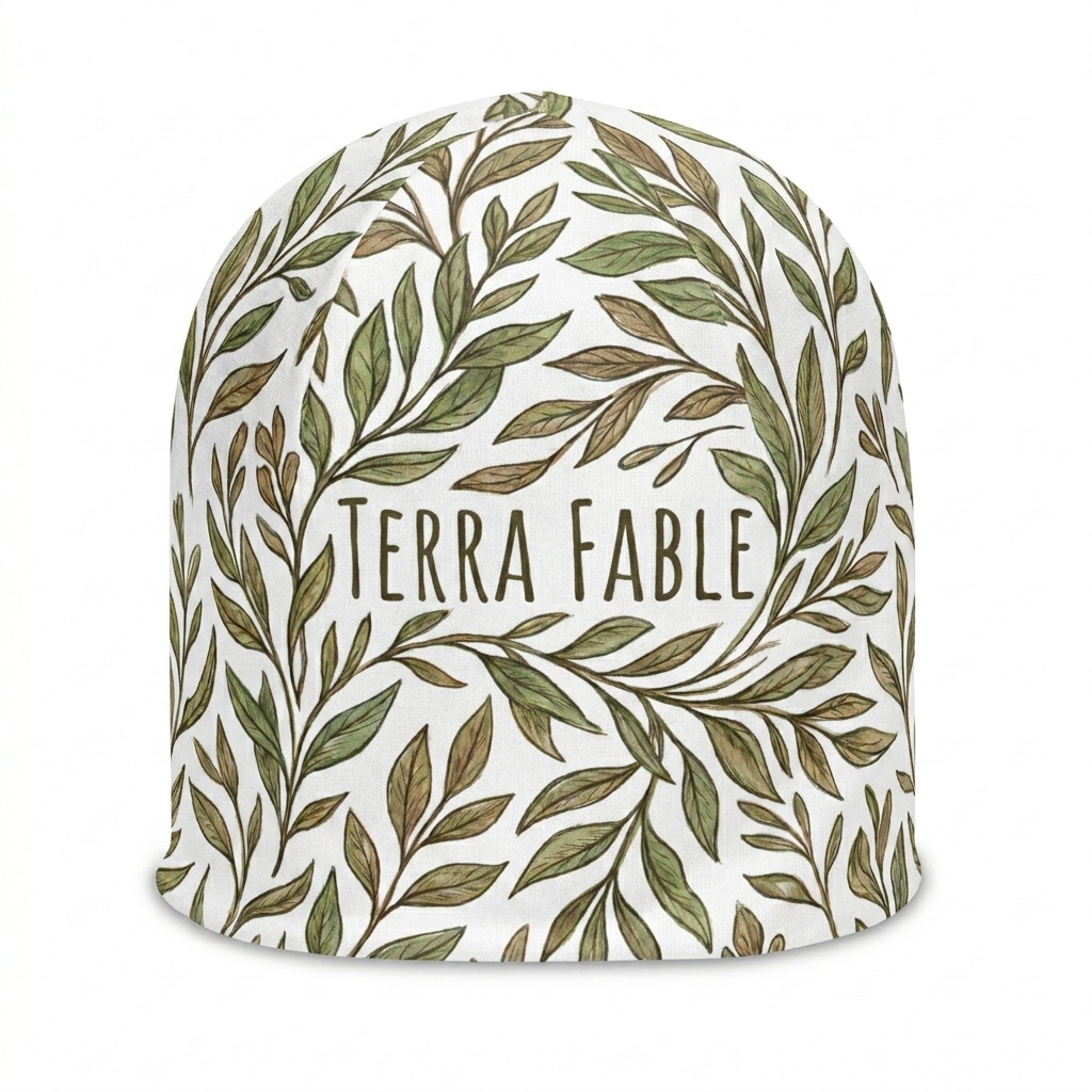 Custom All-Over Print Beanie design direction 3: Hand-Drawn Botanical Illustration featuring the TERRA FABLE wordmark
