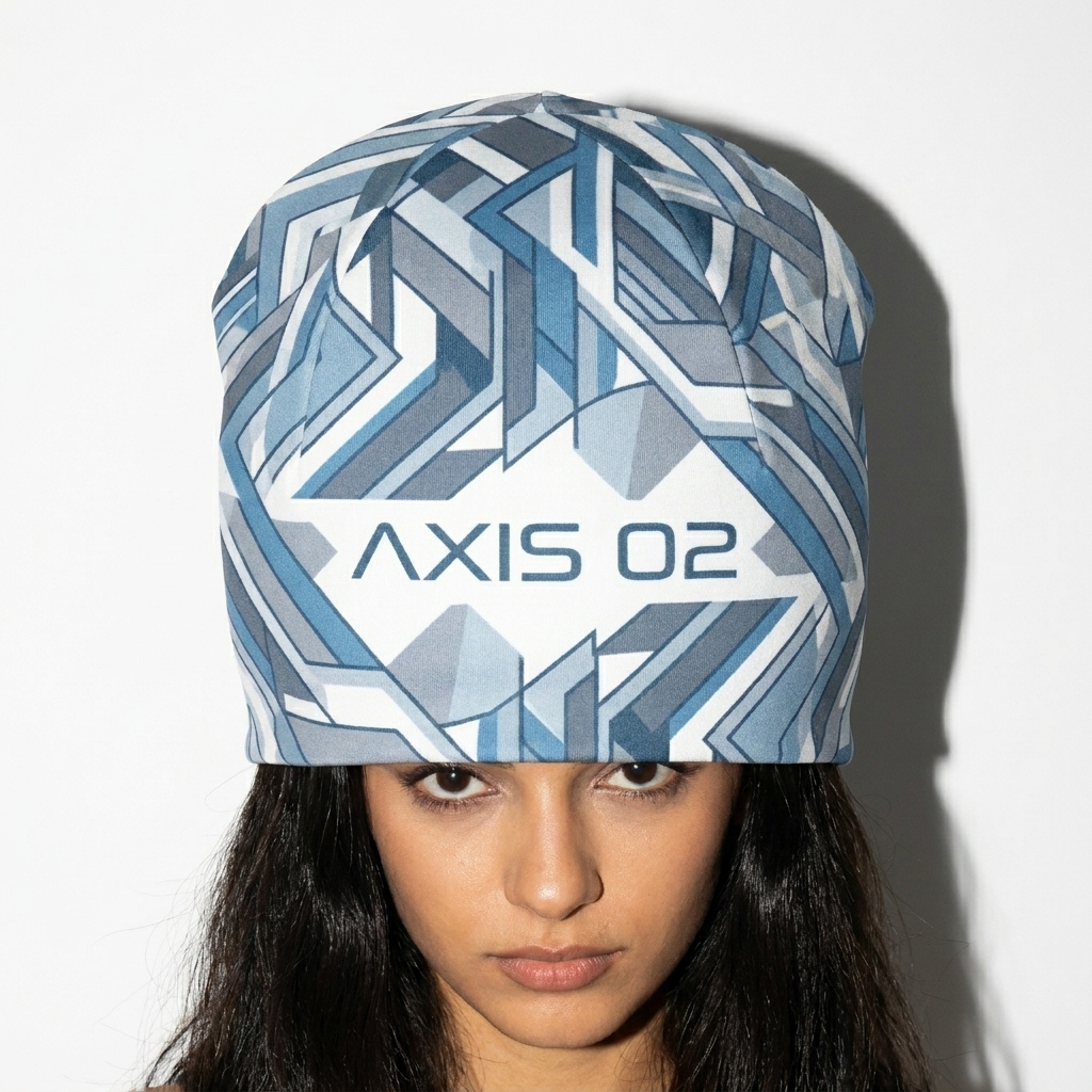 All-Over Print Beanie worn by a petite Turkish female fashion influencer, downtown streetwear styling, studio lookbook — custom all-over print beanie