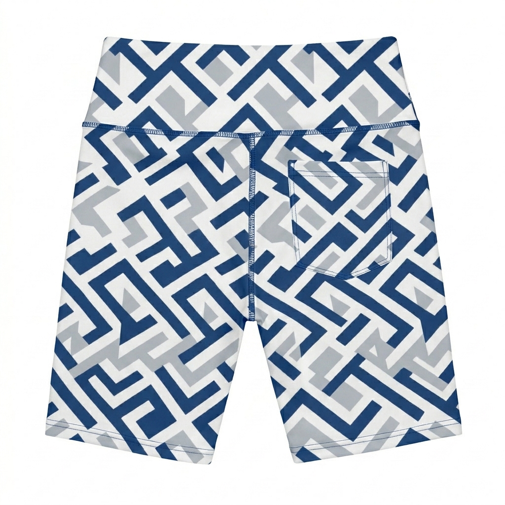 Custom All-Over Print Biker Shorts design direction 2: Bold Geometric Repeat featuring the OPEN WATER wordmark