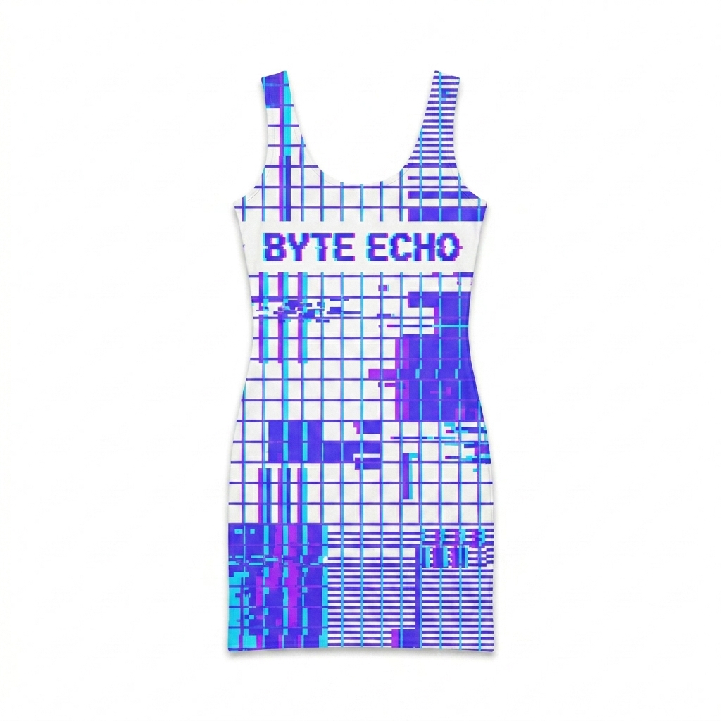 Custom All-Over Print Bodycon Dress design direction 2: Pixelated Glitch Grid featuring the BYTE ECHO wordmark