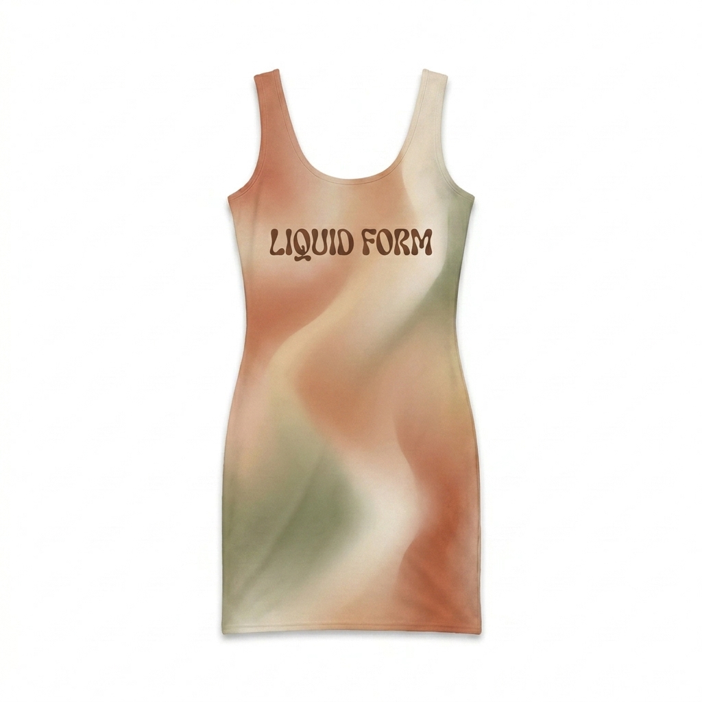 Custom All-Over Print Bodycon Dress design direction 3: Organic Flow Gradient featuring the LIQUID FORM wordmark