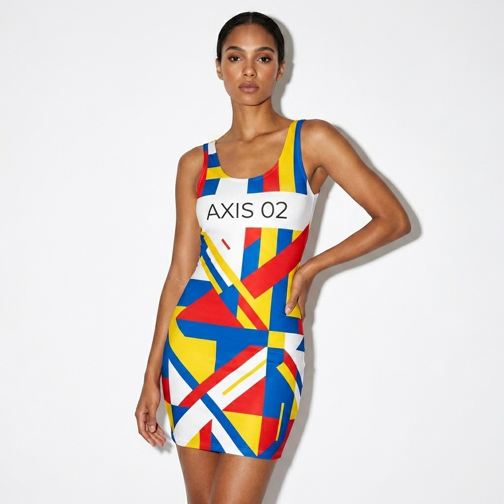 All-Over Print Bodycon Dress worn by a slim tall Mixed-race female fashion influencer, downtown streetwear styling, studio lookbook — custom all-over print bodycon dress