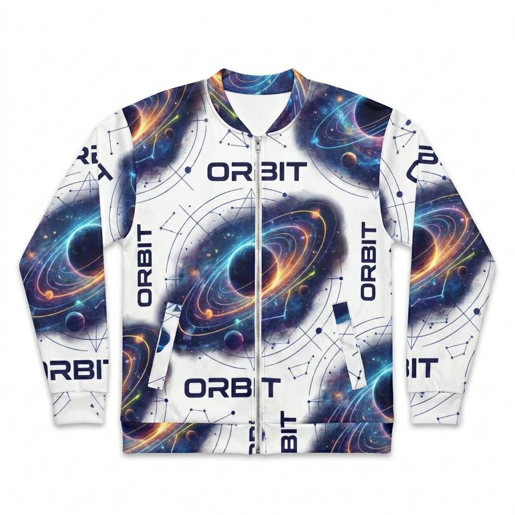 Custom All-Over Print Bomber Jacket design direction 1: Retro Futurism All-Over Print featuring the ORBIT wordmark