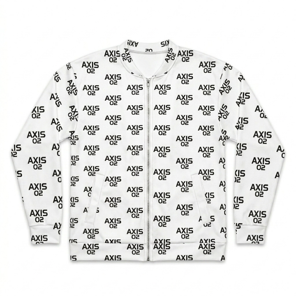 Custom All-Over Print Bomber Jacket design direction 2: Minimalist Geometric Pattern featuring the AXIS 02 wordmark