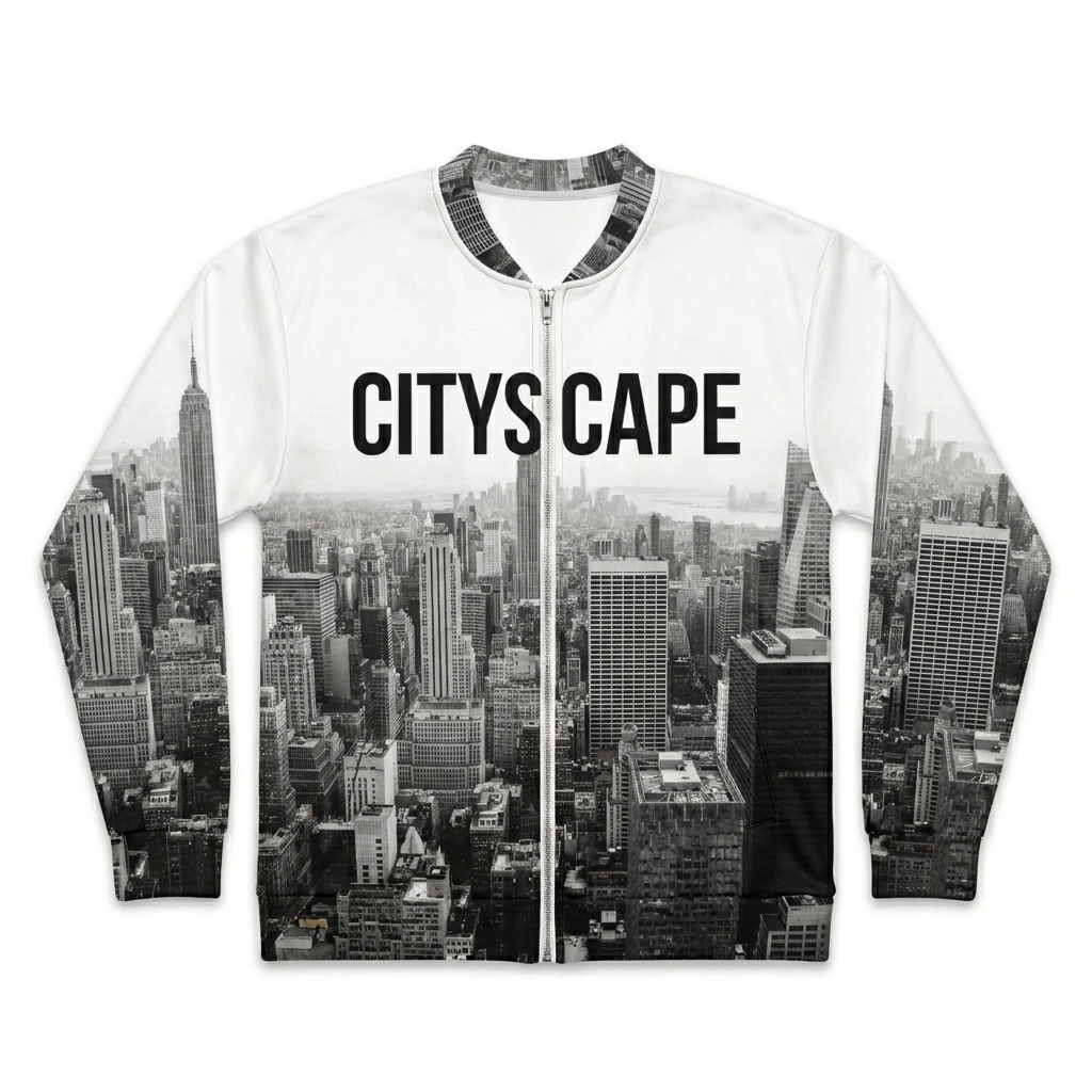 Custom All-Over Print Bomber Jacket design direction 3: Urban Sketch Illustration featuring the CITYSCAPE wordmark