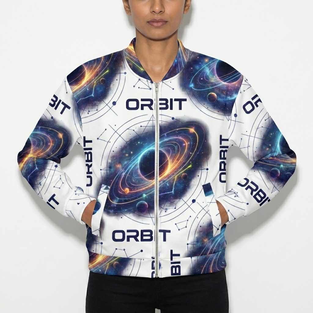 All-Over Print Bomber Jacket worn by a lean Indian female fashion influencer, sporty athleisure styling, studio lookbook — custom all-over print bomber jacket