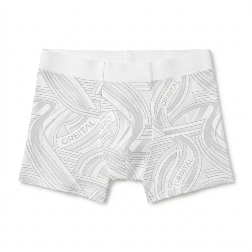 Custom All-Over Print Boxer Briefs design direction 1: Abstract Geometric Flow featuring the ORBITAL wordmark