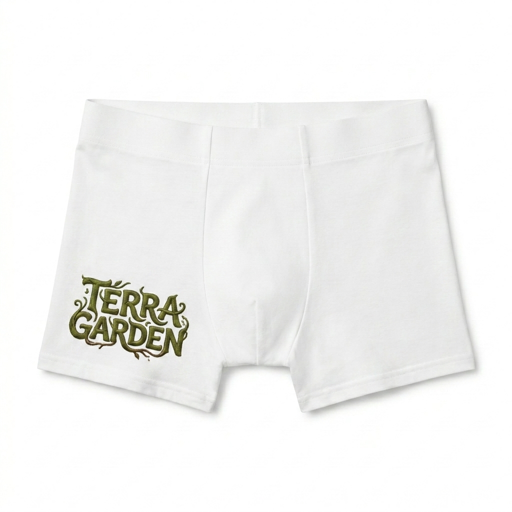 Custom All-Over Print Boxer Briefs design direction 2: Bold Botanical Print featuring the TERRA GARDEN wordmark