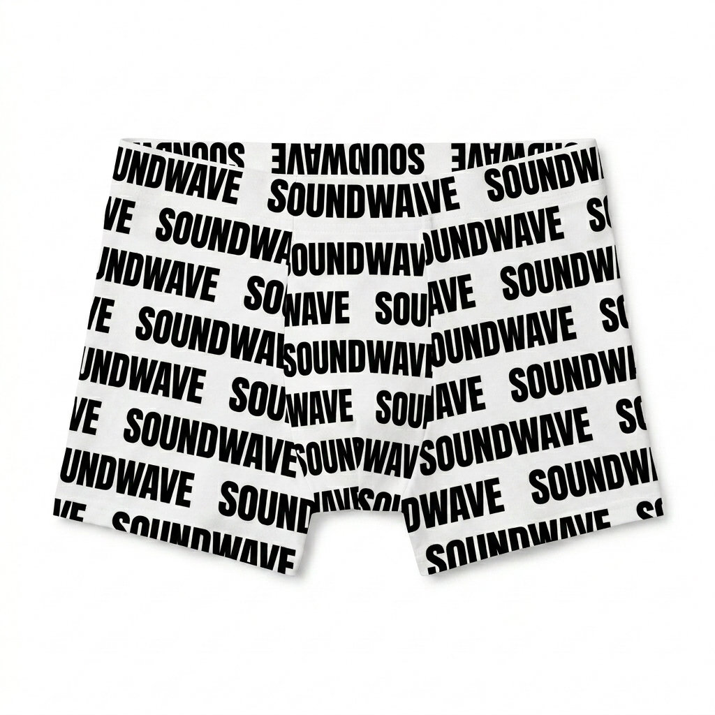Custom All-Over Print Boxer Briefs design direction 3: Repeating Wordmark Pattern featuring the SOUNDWAVE wordmark