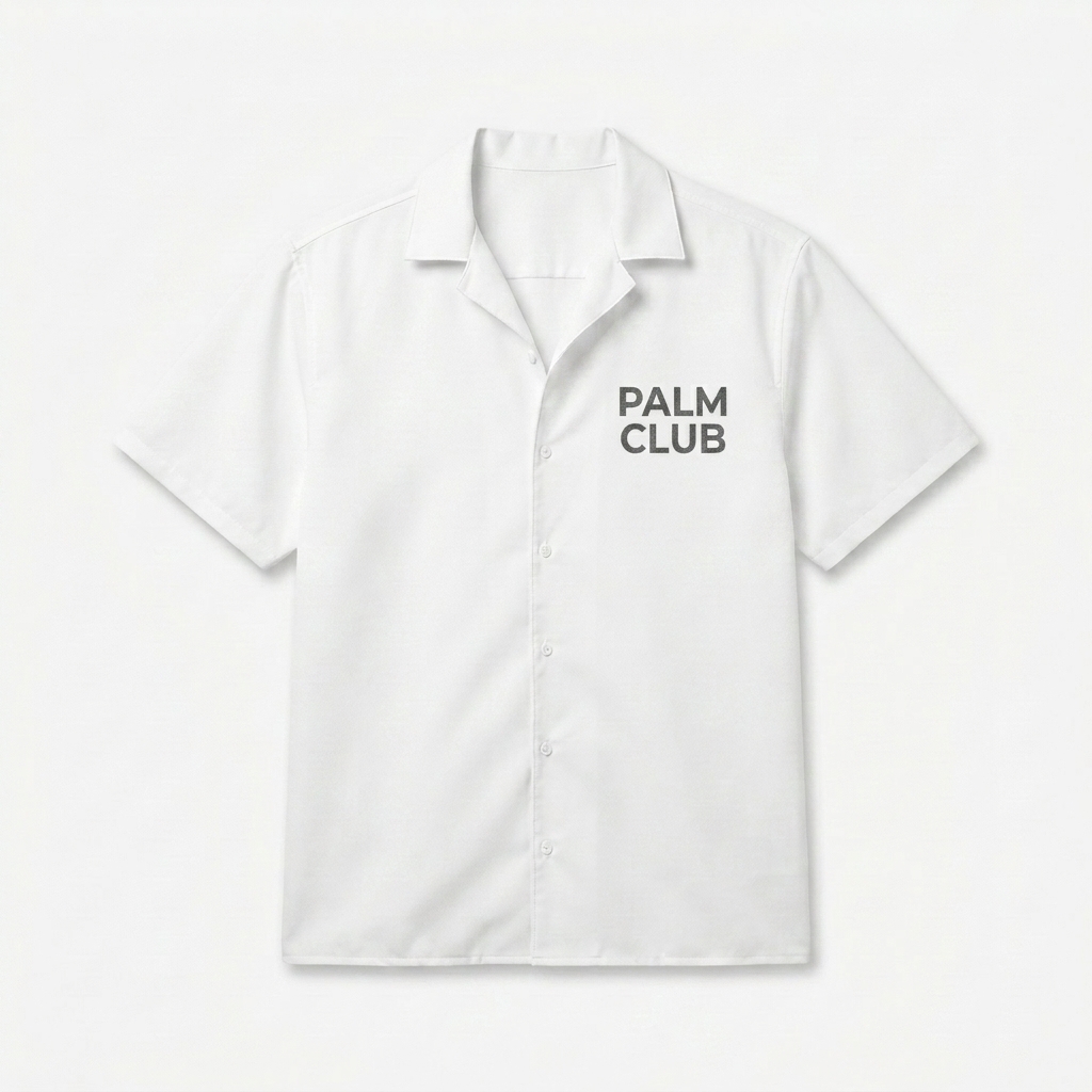 Custom All-Over Print Button Shirt design direction 2: Tropical Botanical featuring the PALM CLUB wordmark