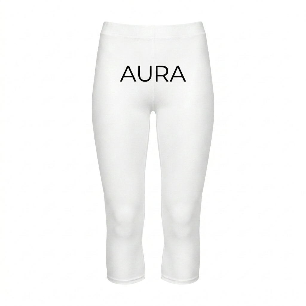 Custom All-Over Print Capri Leggings design direction 3: Abstract Watercolor Swirl featuring the AURA wordmark