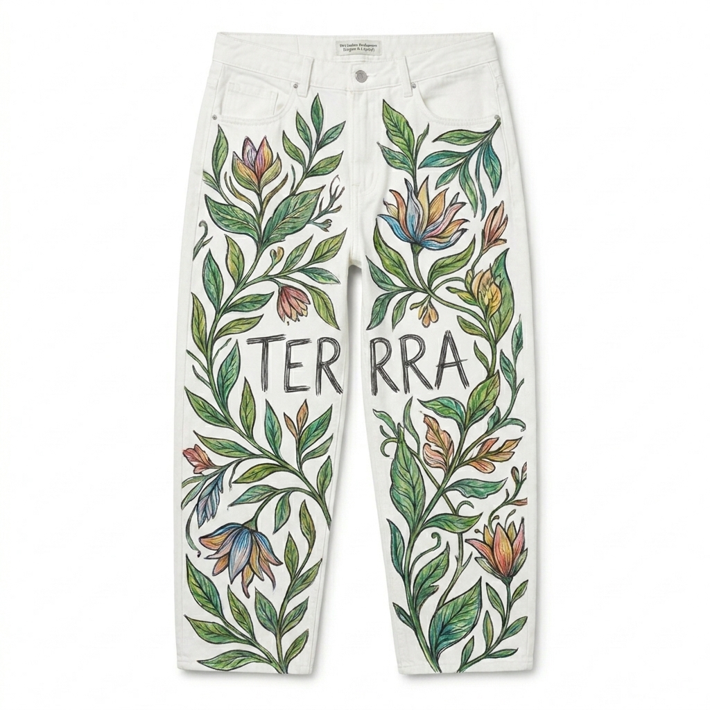 Custom All-Over Print Cotton Crew Neck T-Shirt design direction 2: Botanical Sketch Print featuring the TERRA wordmark