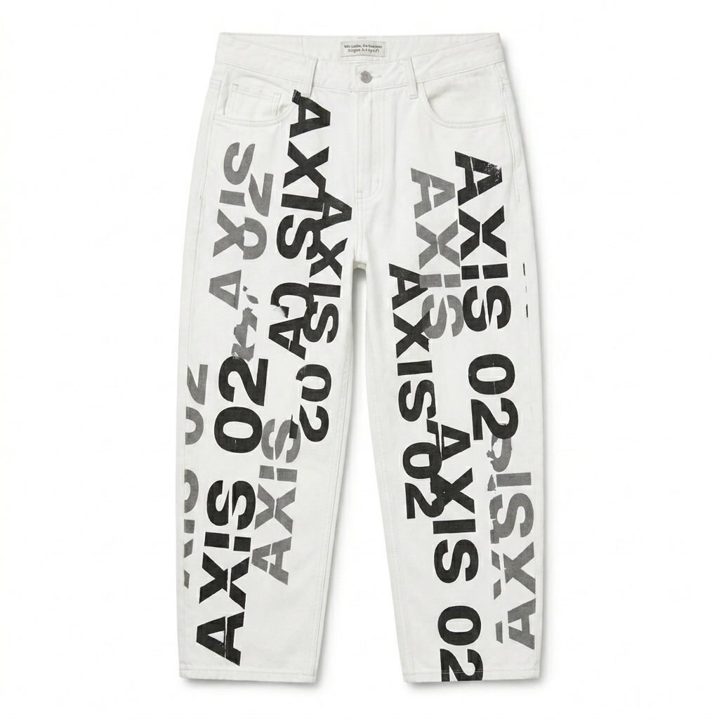 Custom All-Over Print Cotton Crew Neck T-Shirt design direction 3: Abstract Type Collage featuring the AXIS 02 wordmark