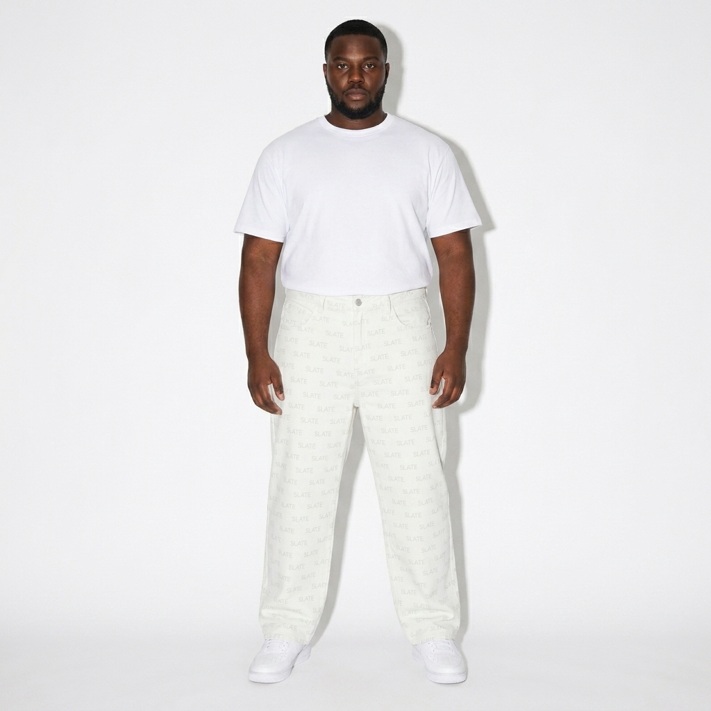 All-Over Print Cotton Crew Neck T-Shirt worn by a curvy East African male fashion influencer, workwear utility styling, studio lookbook — custom all-over print cotton crew neck t-shirt