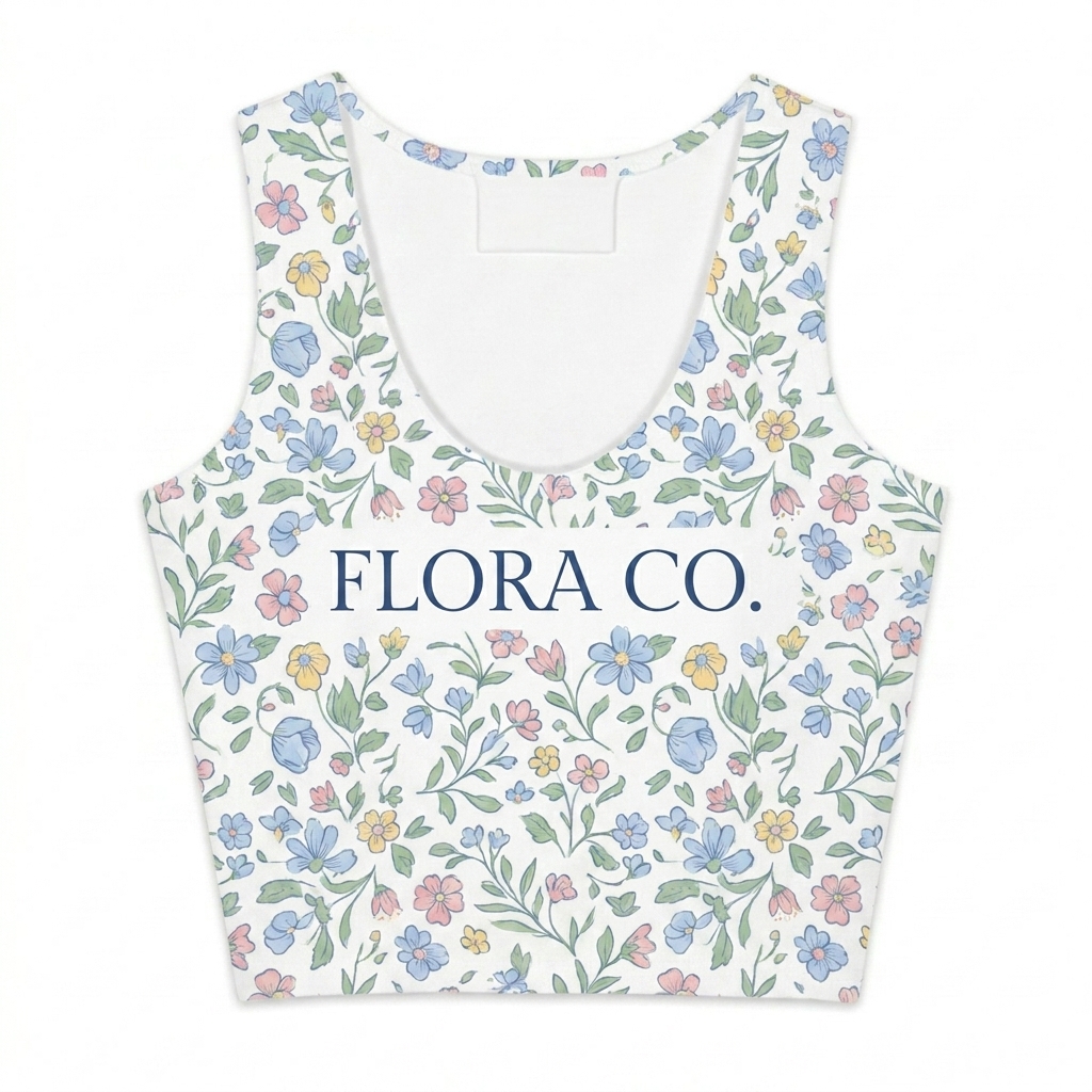 Custom Custom All-Over Print Cotton Crop Top design direction 1: Lush Botanical All-Over Print featuring the FLORA CO. wordmark